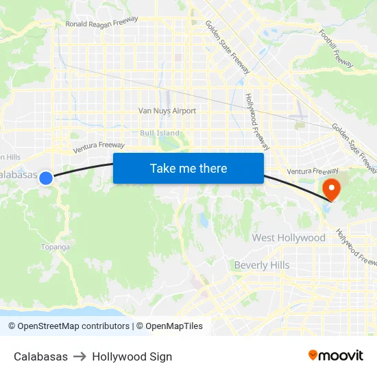 Calabasas to Hollywood Sign map