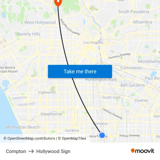 Compton to Hollywood Sign map