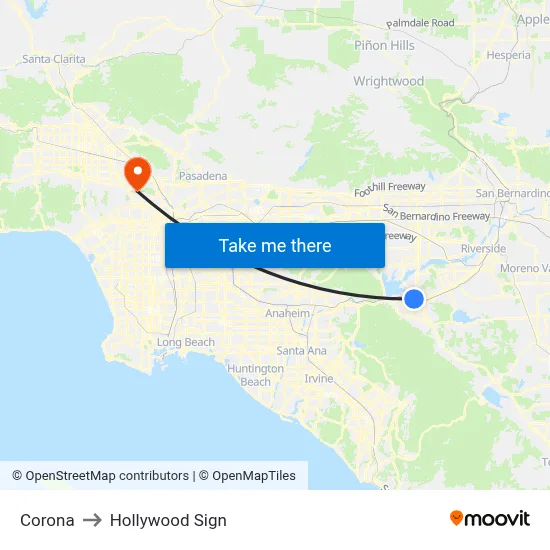 Corona to Hollywood Sign map