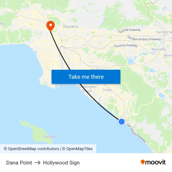 Dana Point to Hollywood Sign map