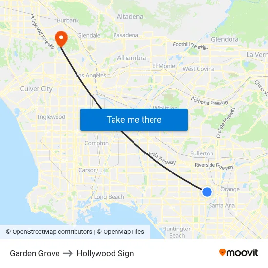 Garden Grove to Hollywood Sign map
