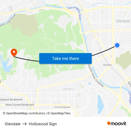 Glendale to Hollywood Sign map