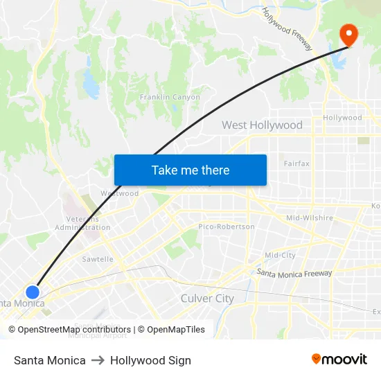 Santa Monica to Hollywood Sign map