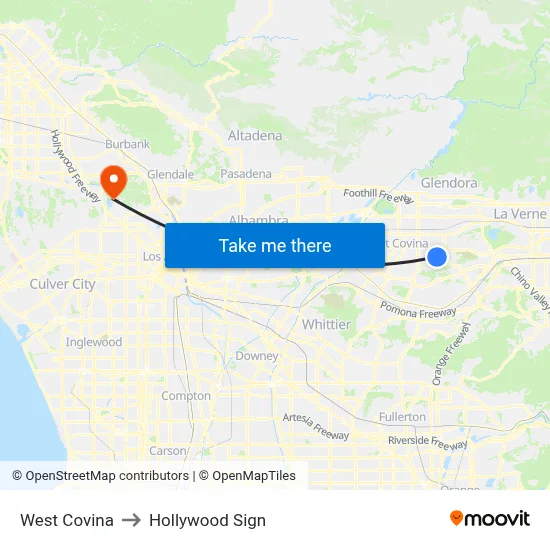 West Covina to Hollywood Sign map