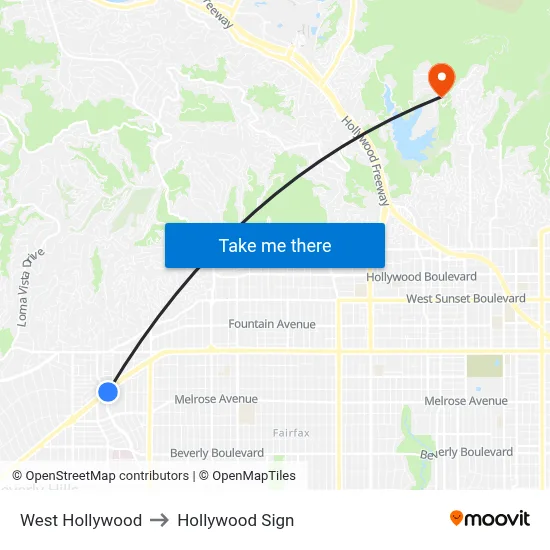 West Hollywood to Hollywood Sign map