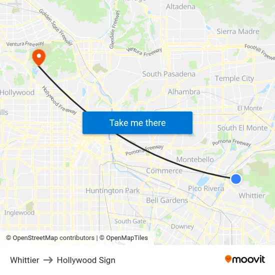 Whittier to Hollywood Sign map