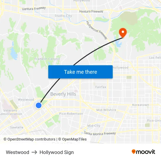 Westwood to Hollywood Sign map