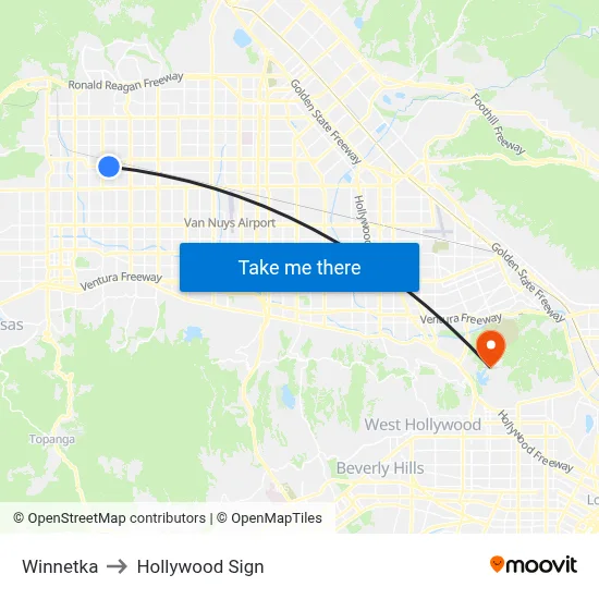 Winnetka to Hollywood Sign map
