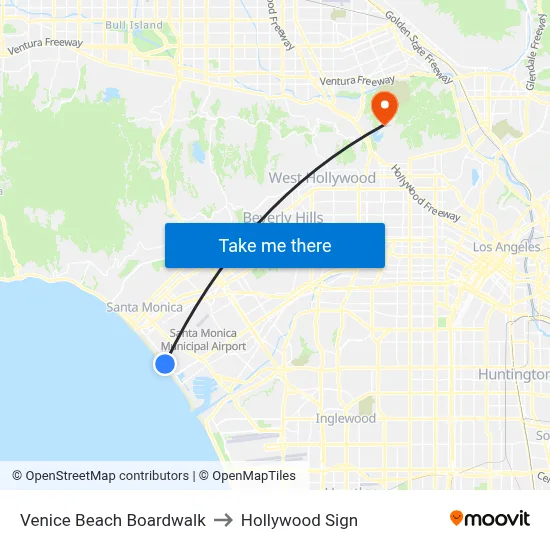 Venice Beach Boardwalk to Hollywood Sign map