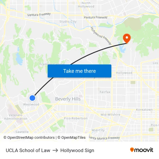 UCLA School of Law to Hollywood Sign map