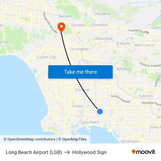 Long Beach Airport (LGB) to Hollywood Sign map