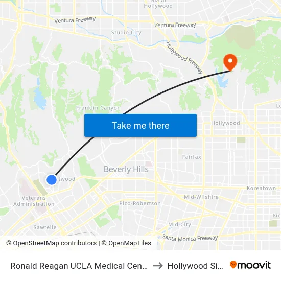 Ronald Reagan UCLA Medical Center to Hollywood Sign map