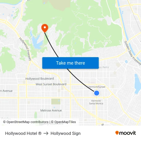 Hollywood Hotel ® to Hollywood Sign map