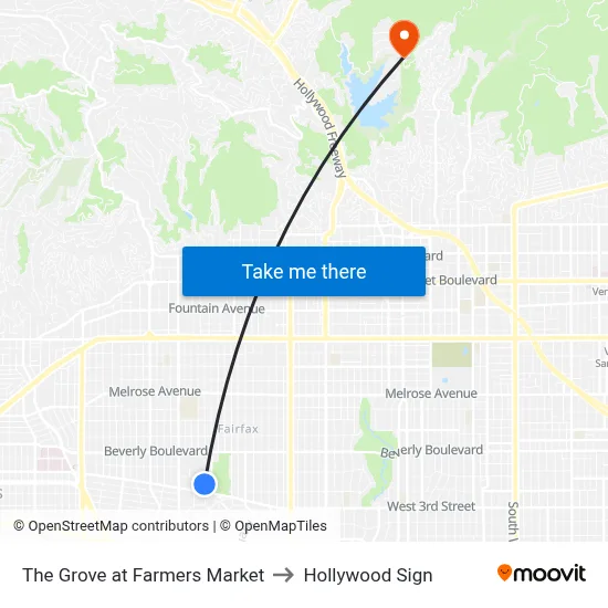 The Grove at Farmers Market to Hollywood Sign map