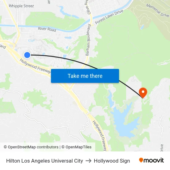 Hilton Los Angeles Universal City to Hollywood Sign map