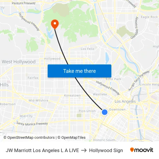 JW Marriott Los Angeles L A LIVE to Hollywood Sign map