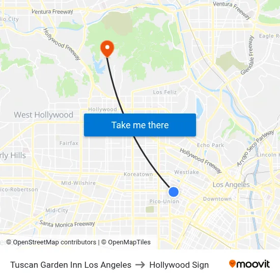 Tuscan Garden Inn Los Angeles to Hollywood Sign map