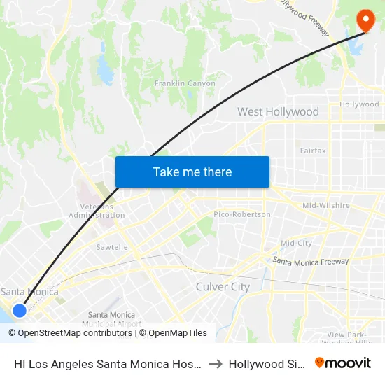 HI Los Angeles Santa Monica Hostel to Hollywood Sign map