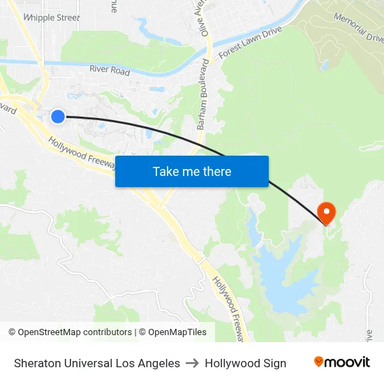Sheraton Universal Los Angeles to Hollywood Sign map