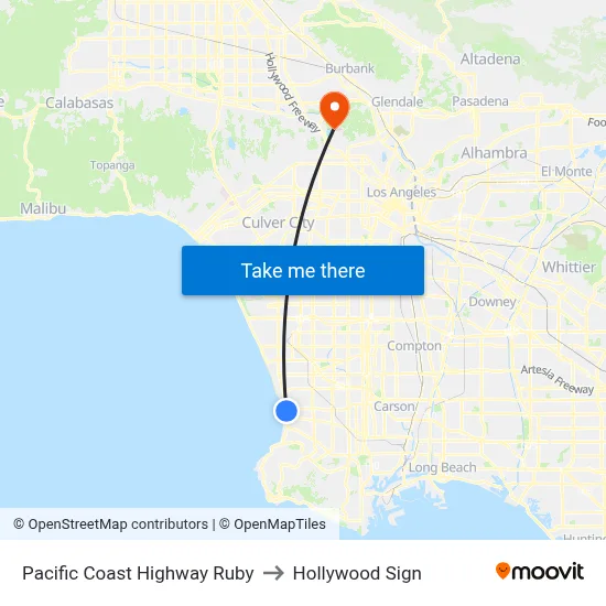 Pacific Coast Highway Ruby to Hollywood Sign map
