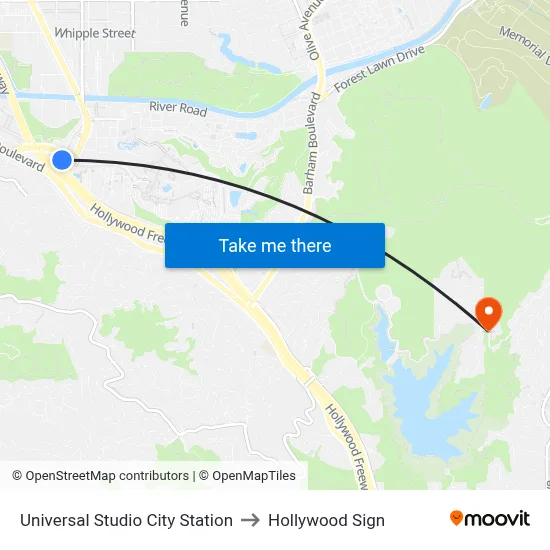 Universal Studio City Station to Hollywood Sign map