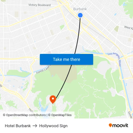 Hotel Burbank to Hollywood Sign map