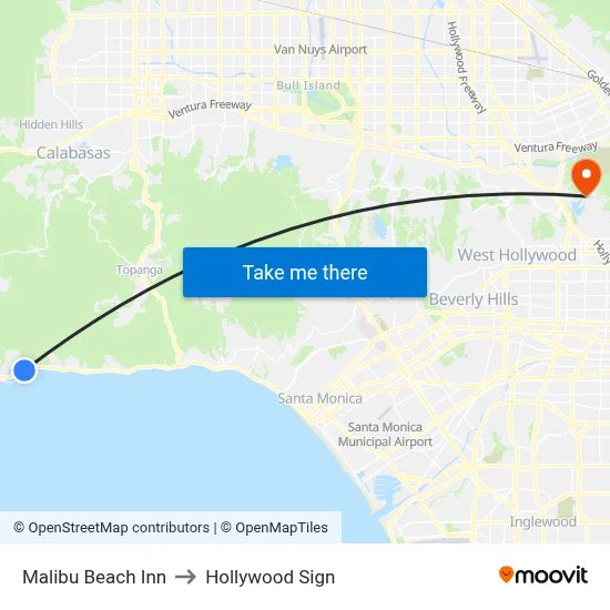 Malibu Beach Inn to Hollywood Sign map