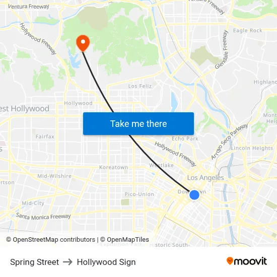 Spring Street to Hollywood Sign map