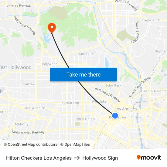 Hilton Checkers Los Angeles to Hollywood Sign map