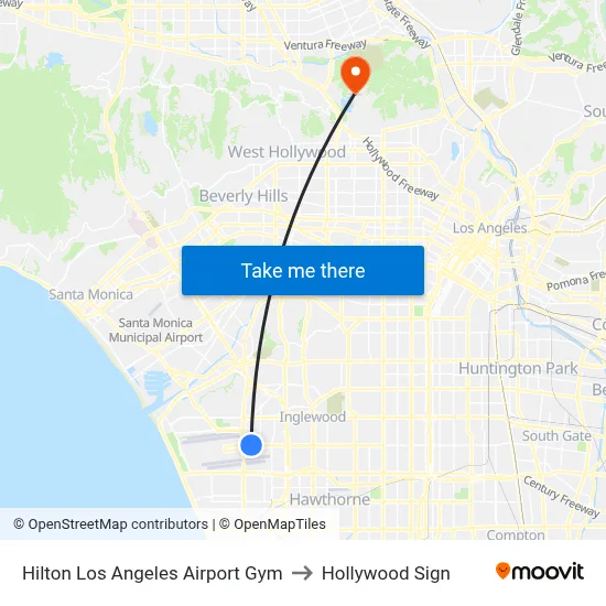 Hilton Los Angeles Airport Gym to Hollywood Sign map