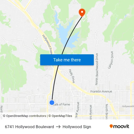 6741 Hollywood Boulevard to Hollywood Sign map