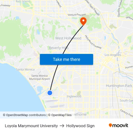 Loyola Marymount University to Hollywood Sign map
