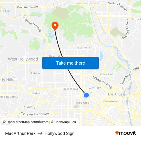 MacArthur Park to Hollywood Sign map