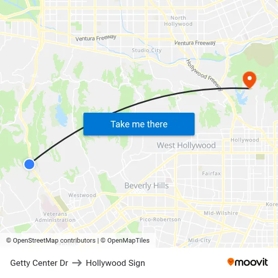 Getty Center Dr to Hollywood Sign map
