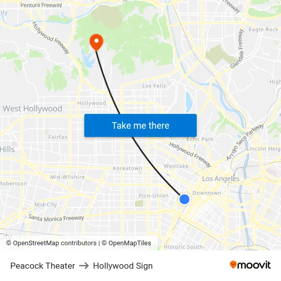 Peacock Theater to Hollywood Sign map