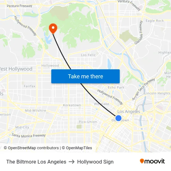 The Biltmore Los Angeles to Hollywood Sign map