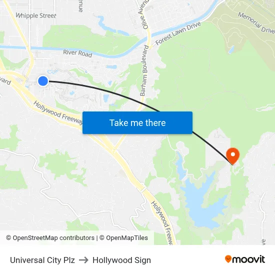 Universal City Plz to Hollywood Sign map