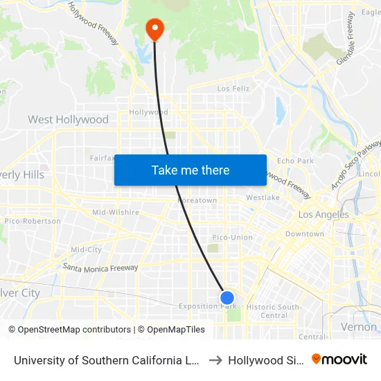 University of Southern California Lot 6 to Hollywood Sign map
