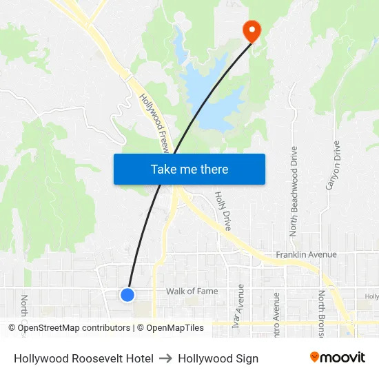 Hollywood Roosevelt Hotel to Hollywood Sign map