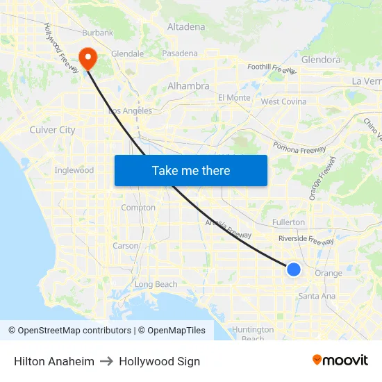 Hilton Anaheim to Hollywood Sign map