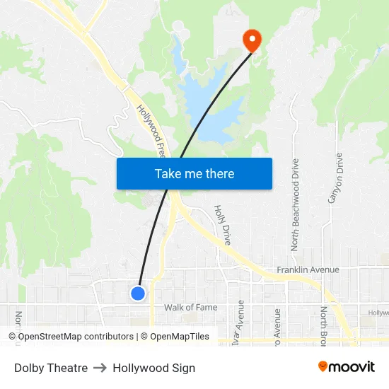 Dolby Theatre to Hollywood Sign map