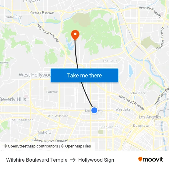 Wilshire Boulevard Temple to Hollywood Sign map