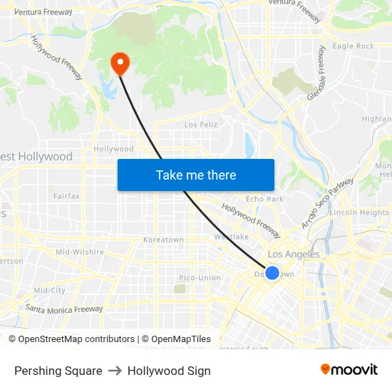 Pershing Square to Hollywood Sign map