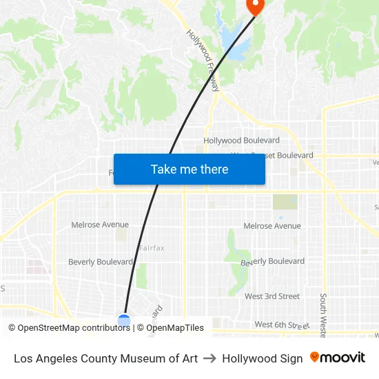 Los Angeles County Museum of Art to Hollywood Sign map