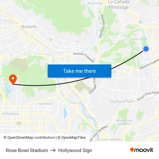 Rose Bowl Stadium to Hollywood Sign map