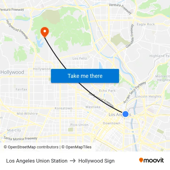 Los Angeles Union Station to Hollywood Sign map