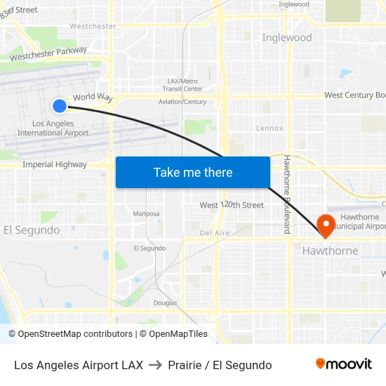 Los Angeles Airport LAX to Prairie / El Segundo map