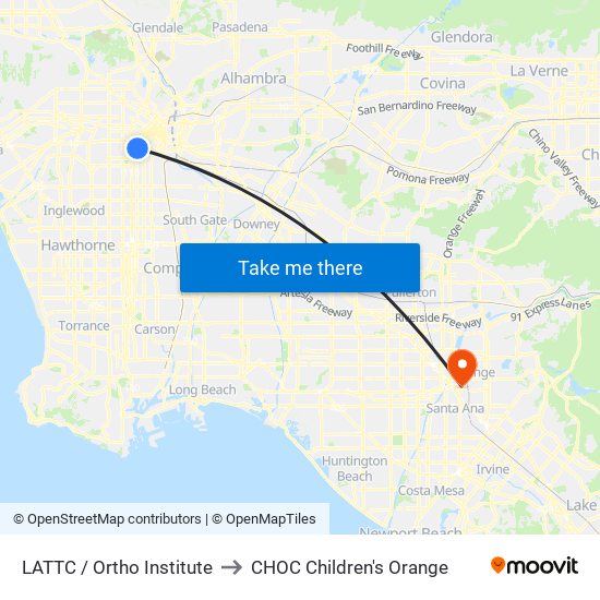 LATTC / Ortho Institute to CHOC Children's Orange map