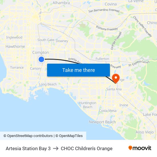 Artesia Station Bay 3 to CHOC Children's Orange map
