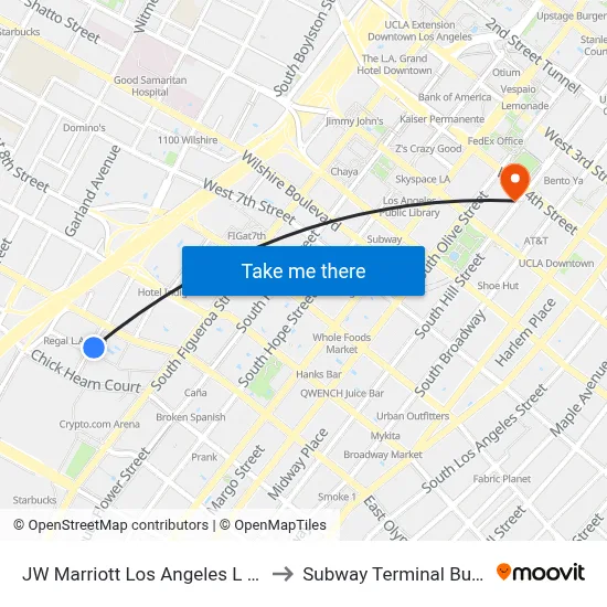 JW Marriott Los Angeles L A LIVE to Subway Terminal Building map
